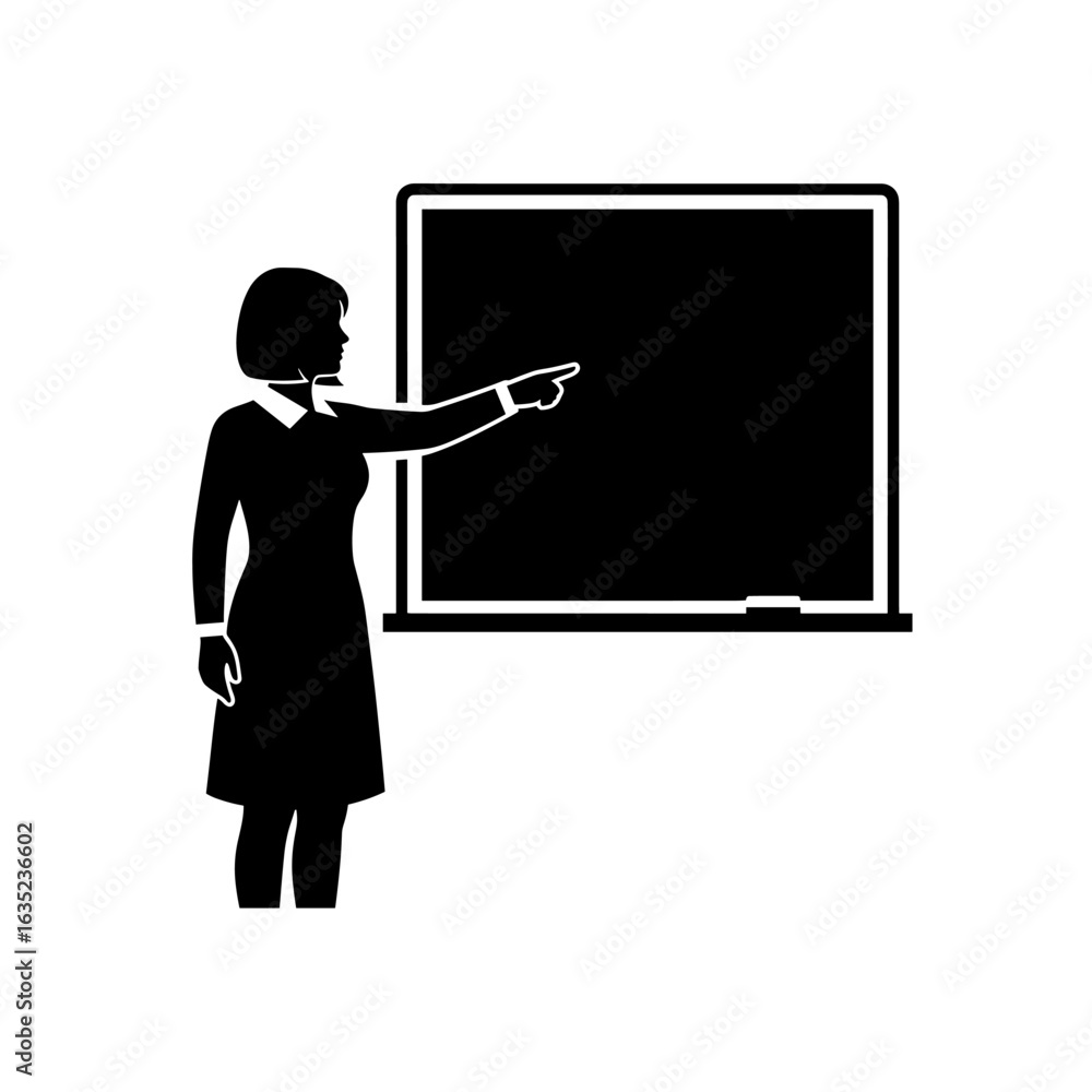 Poster illustration of a teacher pointing at a chalkboard in a classroom setting with a minimalist style