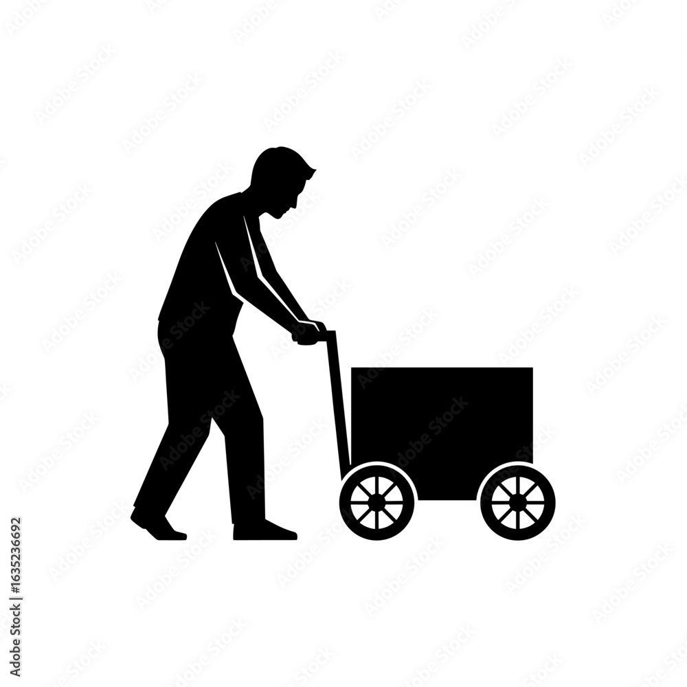 Poster silhouette of a person pulling a cart with wheels, isolated on a plain presentation area view image