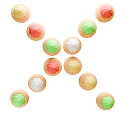 3D Cupcakes with pastel frosting form an X pattern with vibrant colors, placed diagonally on clean white background.
