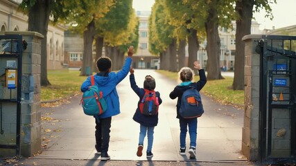 Three children of diverse ethnicities walk towards school gates in the morning, laughing and waving. They wear colorful backpacks and jackets, enjoying the vibrant schoolyard atmosphere - Powered by Adobe