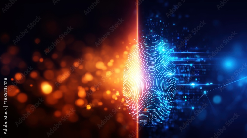 Poster a digital fingerprint illuminated by vibrant colors, representing technology, security, and identity