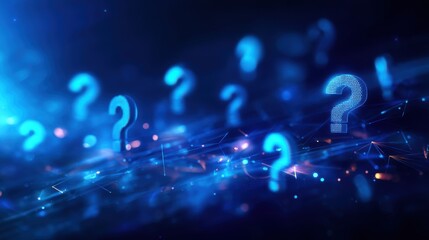 A digital illustration featuring glowing question marks on a blue background, symbolizing inquiry, curiosity, and the quest for knowledge.