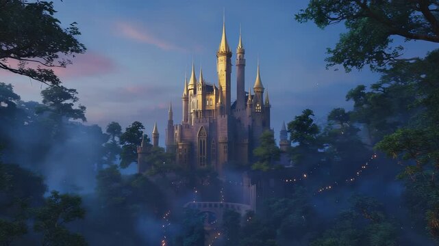 Fairytale castle with shimmering turrets appears amidst a mystical forest, where starlit leaves twinkle and luminescent trees illuminate paths, creating a dreamy atmosphere at twilight