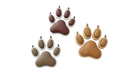 Three distinct animal paw prints with textured pads and claws shown in a cluster isolated on transparent background