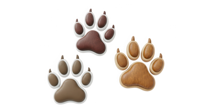 Three distinct animal paw prints with textured pads and claws shown in a cluster isolated on transparent background