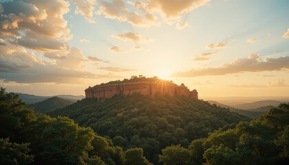 Landscape view of a mountain with a rock formation at sunset under a cloudy sky in the distance