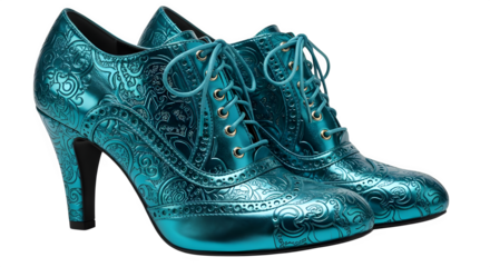 Stunning teal heeled shoes with intricate embossed patterns offer a bold fashion statement perfect for vintage or steampunk inspired styles