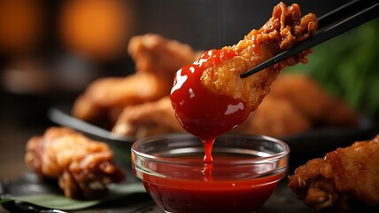 Close up of a crispy fried chicken wing being dipped into a small bowl of vibrant red dipping sauce with chopsticks