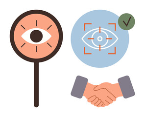 Magnifying glass with an eye, biometric eye scan verification with checkmark, and handshake. Ideal for security, trust, technology, partnerships, contracts verification collaboration. Simple flat