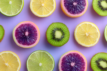 Colorful Citrus and Kiwi Slices Arranged on a Purple Background