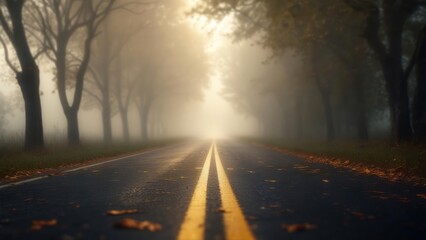 Empty Autumn Road Vanishing into a Luminous, Foggy Glow