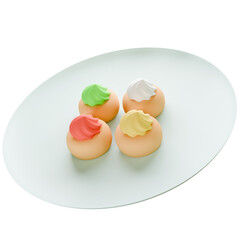 3Dcupcakes with vibrant frosting arranged diagonally on a curved plate, shot from an angle against a white background.
Three cupcakes with vibrant frosting arranged diagonally on a curved plate, s