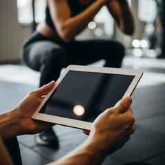 Fitness trainer monitoring workout progress on tablet.
