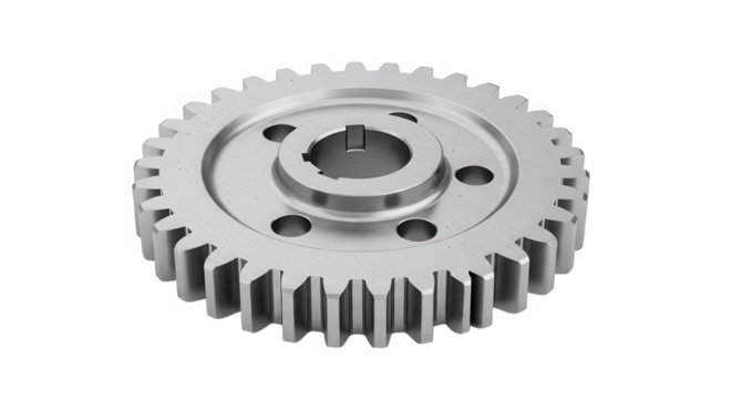 Precision machined metal sprocket with splined hub for mechanical power transmission isolated on transparent background