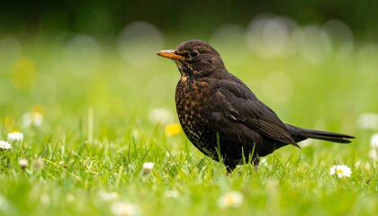 Obraz premium A captivating image of a female blackbird perched gracefully on lush green grass