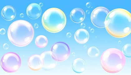 A calming and refreshing image showcasing a variety of iridescent bubbles floating against a soft blue gradient background
