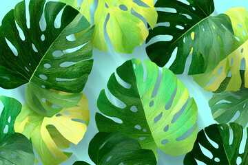 Tropical Monstera Leaves in Various Shades Layered on Background