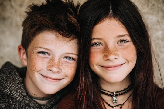 Image of a charming freckled boy with brown hair and a dark haired girl in a necklace