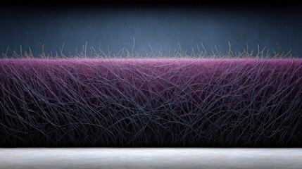 Extreme close up view of densely packed purple fibers with scattered yellow tips against a dark textured background