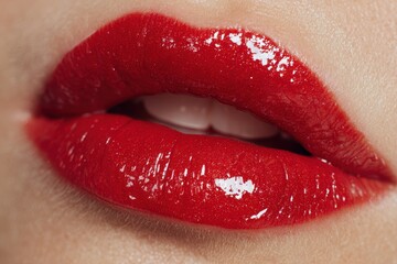 Obraz premium Detailed shot of a woman s lips featuring vivid glossy red lipstick Macro blood red lip gloss