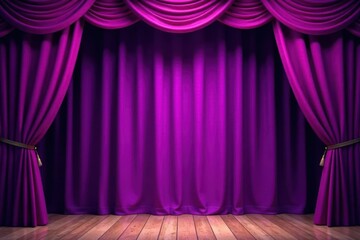 Velvet purple curtains drawn, empty stage awaits , color, theater