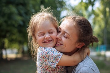 Joyful girl with Down syndrome embraces her mother in a sunny summer park Blank area for text