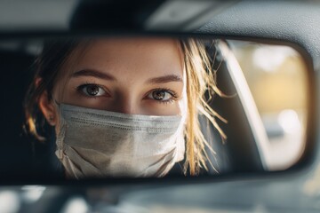 Young woman driving with a face mask reflection in the mirror Safeguard against COVID 19