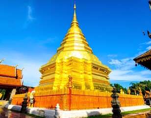 Naklejka premium Golden pagoda against a vibrant blue sky