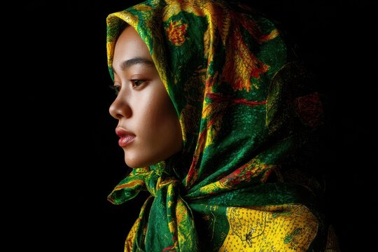 Portrait of a lovely girl in a batik scarf against a dark backdrop in green yellow and red