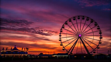 Ferris wheel at sunset colorful sky carousel fairground amusement park beautiful scenic view evening lights