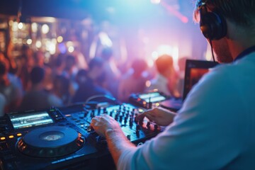 Man DJ at club filming video mixing electronic tracks on stage Young man producing lively beats for a joyful crowd dancing Handheld footage