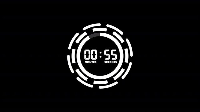 Animated 1 minute countdown timer animation on black background for time relevant competitions and presentations, 60 seconds timer, 1 minute deadline.
