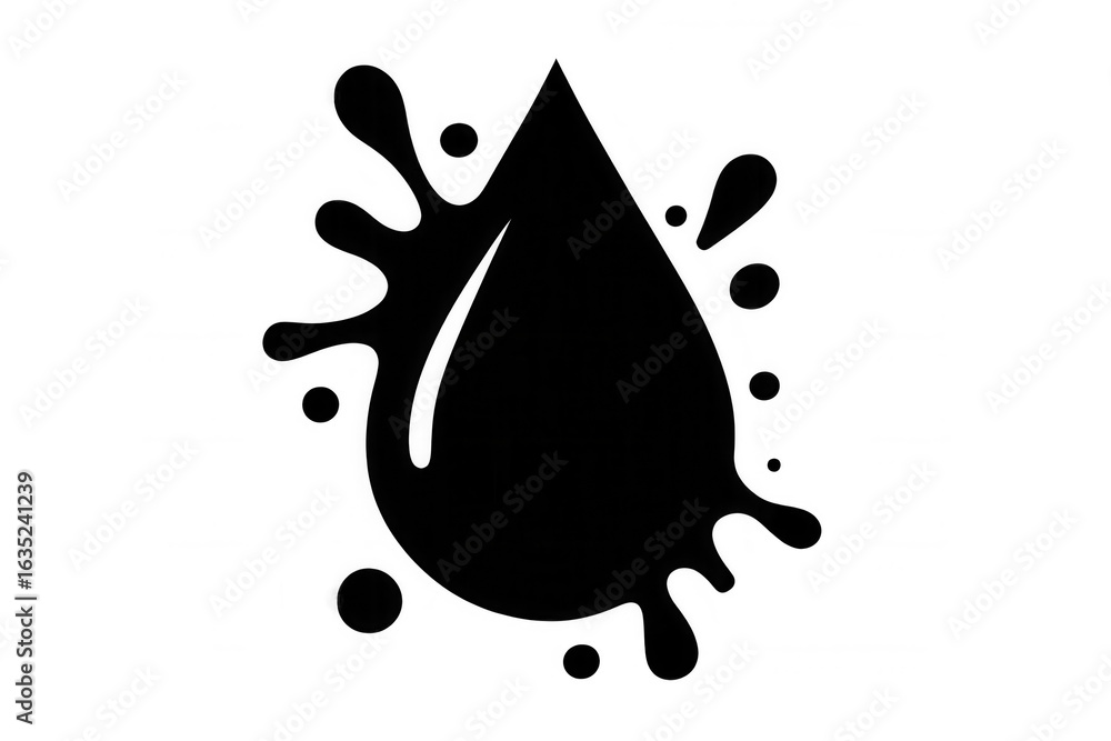 Poster black ink drop splashing and creating dynamic splatters, isolated on a transparent background for ve