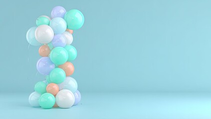 Pastel balloons clustered to form a numeral one against a light teal background