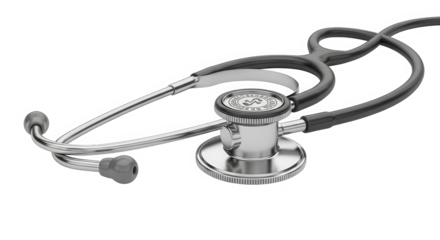 A classic silver and black medical stethoscope with a detailed diaphragm and earpieces isolated on transparent background