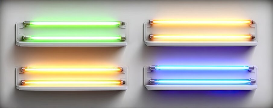 Four neon tube lights in various colors mounted on a white wall - Powered by Adobe