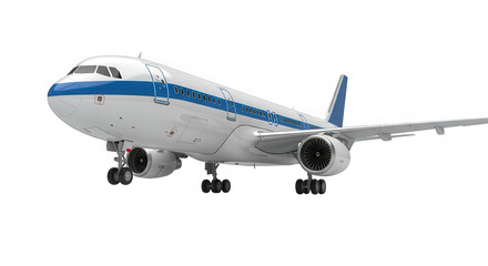 Obraz premium Modern commercial passenger jet airplane with white fuselage and blue stripes isolated on transparent background