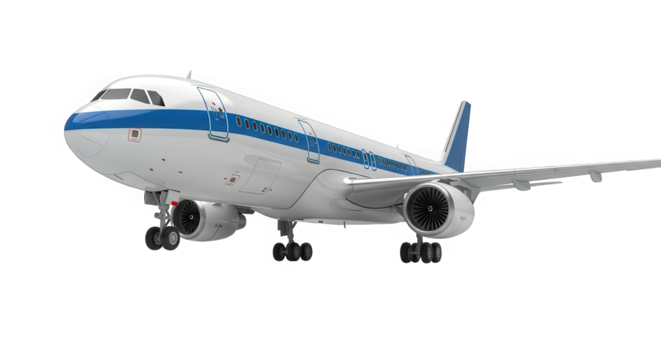Modern commercial passenger jet airplane with white fuselage and blue stripes isolated on transparent background