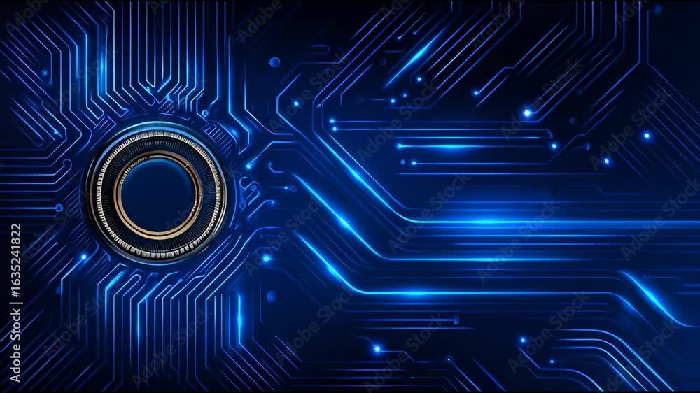 Poster futuristic digital circuit board with glowing blue lines and circular interface elements showcasing 