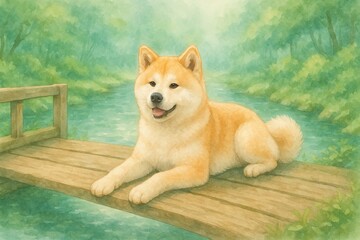 森の川辺、木の橋でくつろぐ秋田犬