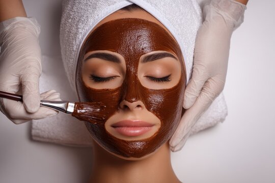 A lovely young brunette relaxes after a chocolate facial by an aesthetician