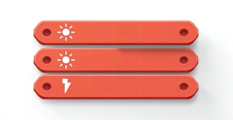 Three horizontal coral-colored rectangular panels, each with a symbol (sun or lightning bolt) and holes