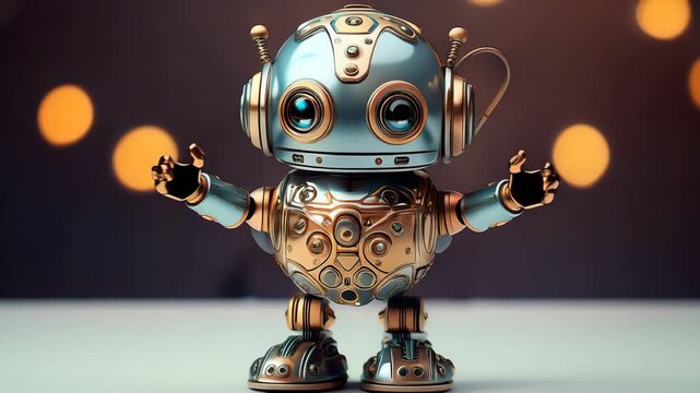 Charming animated robot character with golden accents welcomes with open arms