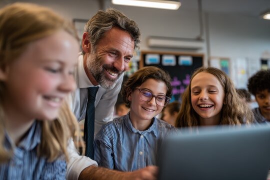 A teacher instructs students on laptop use while schoolgirls laugh behind him