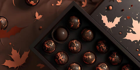 Halloween themed chocolates with autumn leaves and bats
