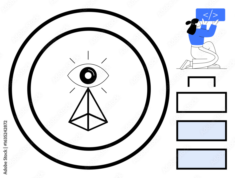 Poster eye inside pyramid encircled by rings, person kneeling with a screen of coding, stacked rectangles. 
