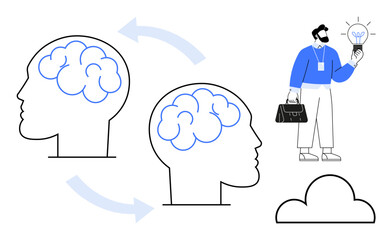 Two profile outlines with arrows, symbolizing idea transfer, a figure holding a lightbulb, and a minimal cloud. Ideal for collaboration, innovation, teamwork, creativity, learning brainstorming