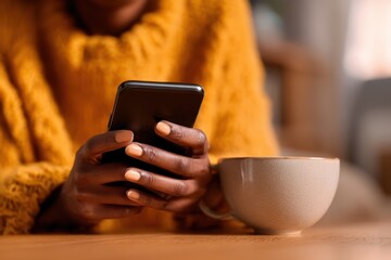 African American woman using her phone and enjoying coffee at home