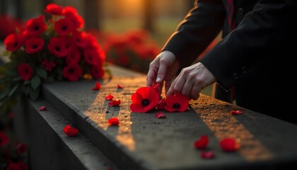 Fototapeta premium People stand in reverence at a memorial with red poppies, commemorating veterans and honoring their service on Veterans Day