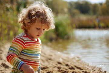 Caucasian boy 4 5 years old with curly hair playing in sand by a pond on a sunny day wearing a colorful striped shirt